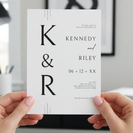 Invitación Monograma moderno Boda de código QR en blanco y ne
