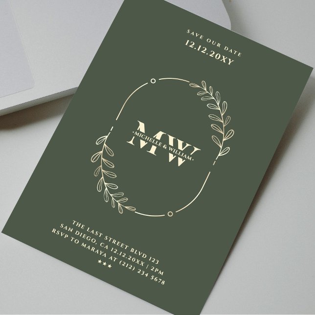 Invitación Monograma moderno Boda elegante Oro verde oscuro (Modern Monogram Elegant Wedding Dark Green Gold Invitation
)