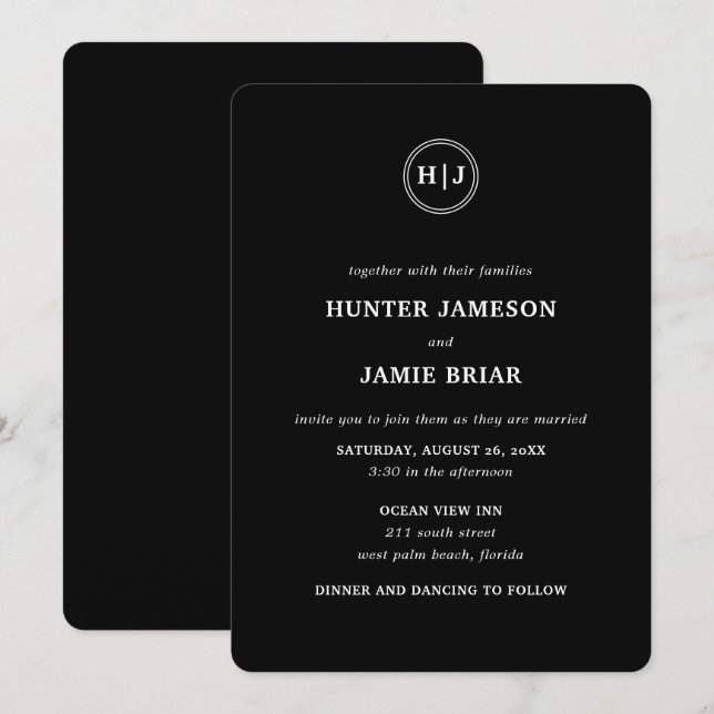 Invitación Monograma moderno Boda negro (Anverso / Reverso)