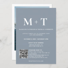 Monograma moderno Boda Rsvp de código QR azul turb