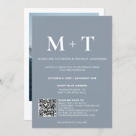 Invitación Monograma moderno Boda Rsvp de código QR azul turb