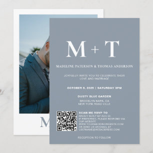 Invitación Monograma moderno Boda Rsvp de código QR azul turb