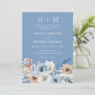 Invitación Monograma moderno Boho Dusty Blue Floral Boda