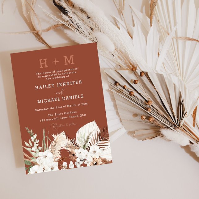 Invitación Monograma moderno Boho Floral Terracotta Boda (Subido por el creador)