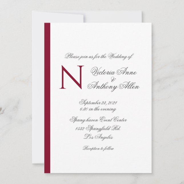Invitación Monograma moderno Borgoña Boda simple de presupues (Anverso)