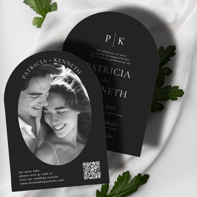 Invitación Monograma moderno de Boda de arco blanco y negro (Subido por el creador)