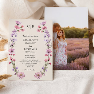 Invitación Monograma moderno de flor silvestre Beige Boda fot