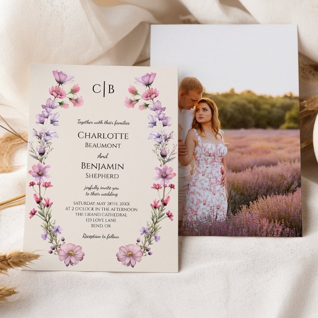 Invitación Monograma moderno de flor silvestre Beige Boda fot (Subido por el creador)