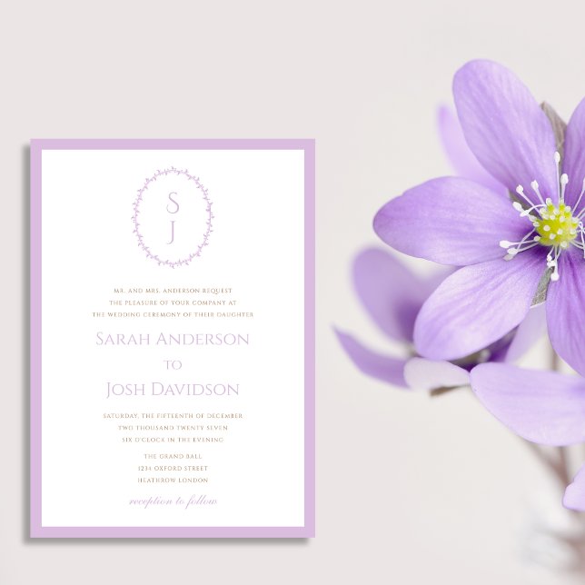 Invitación Monograma moderno de lavanda morado con clase (Subido por el creador)