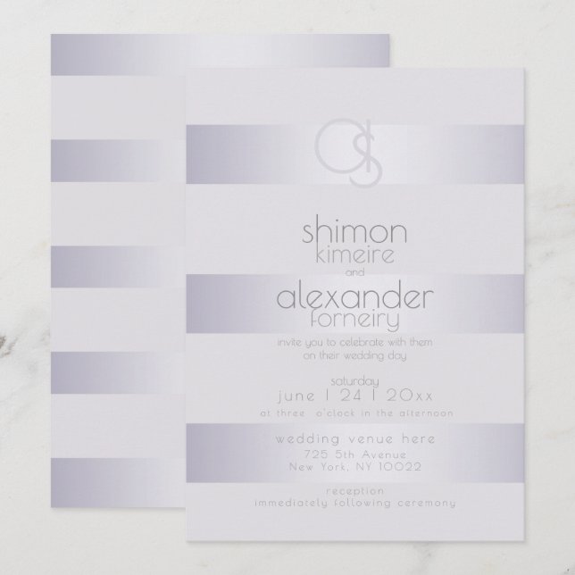 Invitación Monograma moderno |Rayas de verano violetas de pla (Anverso / Reverso)