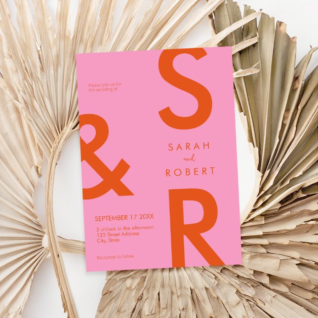 Invitación Monograma moderno rosa y Naranja Boda (Subido por el creador)