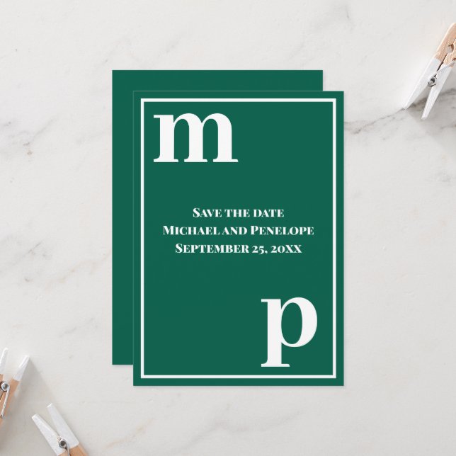 Invitación Monograma moderno verde esmeralda salva la fecha (Anverso/Reverso In Situ)