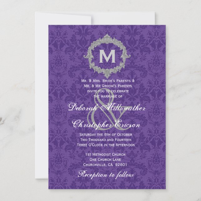 Invitación Monograma morado blanco plateado Boda V021 (Anverso)