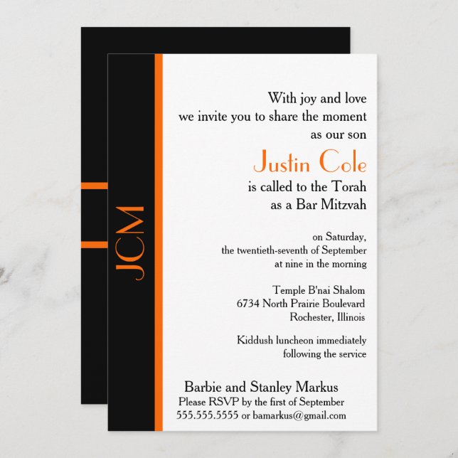 Invitación Monograma Naranja Bar negro Mitzvah (Anverso / Reverso)