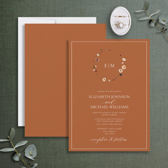 Invitación Monograma Naranja  elegante Escudo floral (Subido por el creador)
