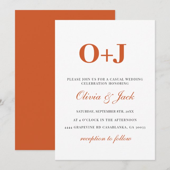 Invitación Monograma Naranja moderno Minimalista Boda Casual (Anverso / Reverso)