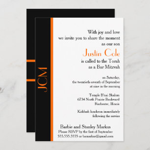 Invitación Monograma Naranja negro Mitzvah
