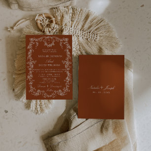 Invitación Monograma Naranja Quemada Floral Boda Boho