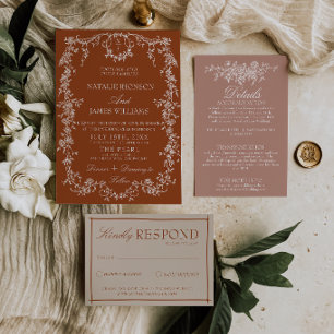 Invitación Monograma Naranja Quemada Floral Terracota Boda