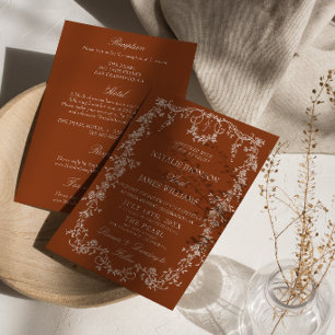 Invitación Monograma Naranja Quemada Floral Todo en Uno Boda