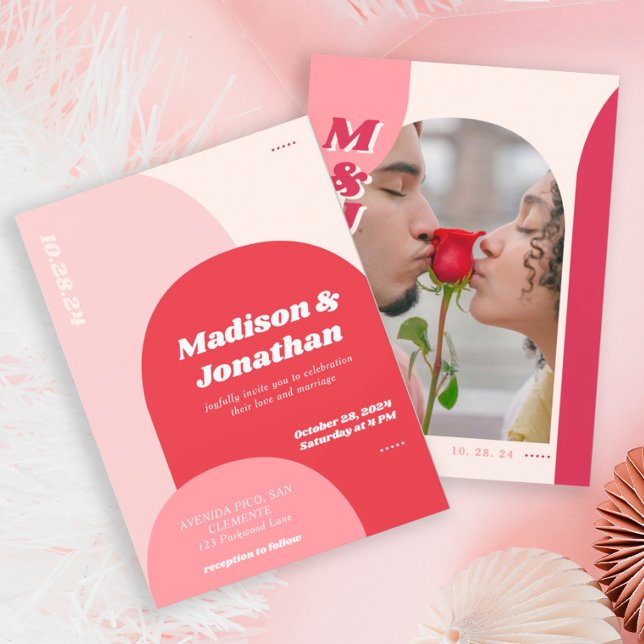 Invitación Monograma negrita Boda de arco retro rojo rosado (Subido por el creador)
