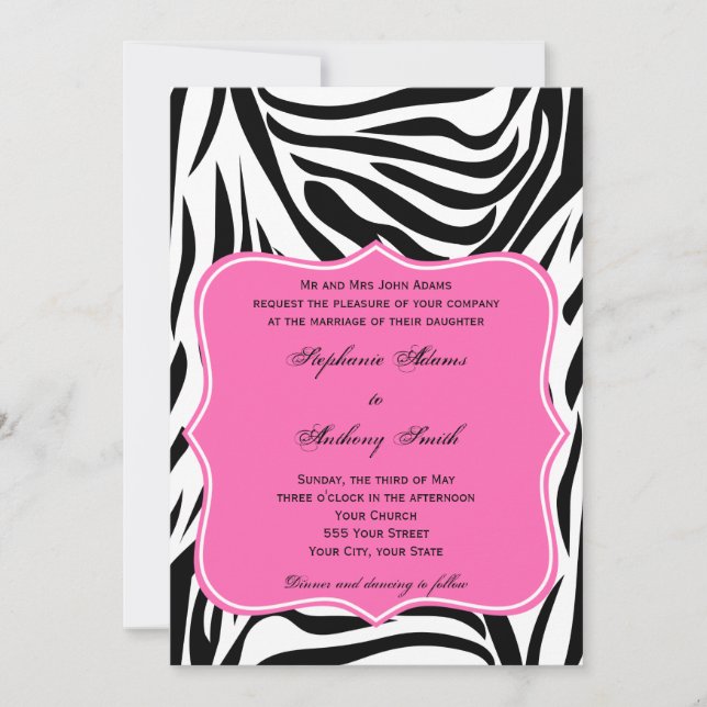 Invitación Monograma negro, blanco y Boda de cebra rosa calie (Anverso)