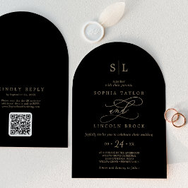 Invitación Monograma negro de oro romántico Boda de arco de c
