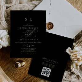 Invitación Monograma negro de oro romántico Código QR Boda po