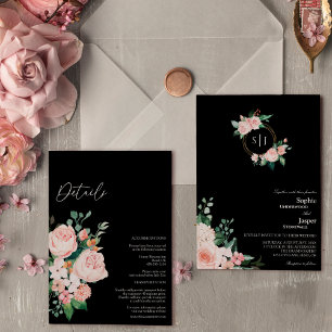 Invitación Monograma Negro Floral De Rubor Todo En Un Boda