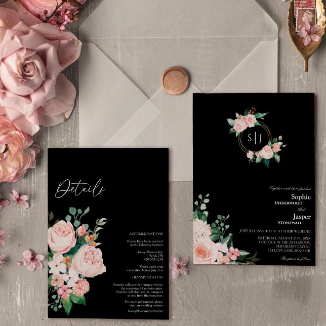 Invitación Monograma Negro Floral De Rubor Todo En Un Boda (Subido por el creador)