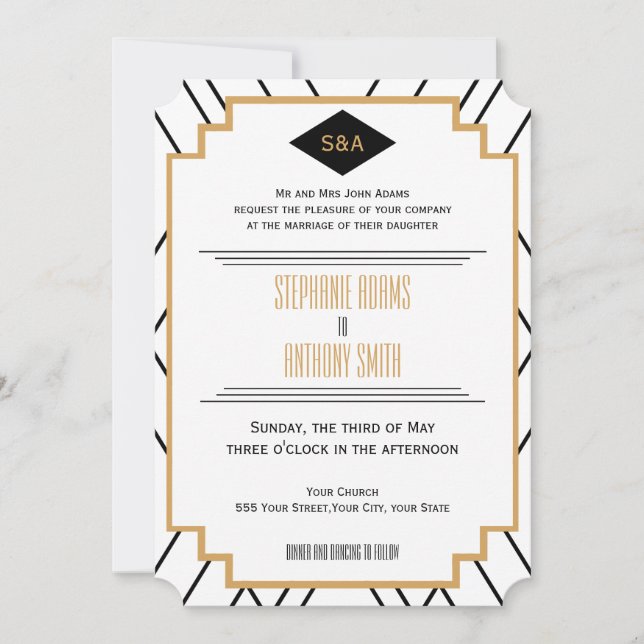 Invitación Monograma negro, oro y Boda Art Deco blanco (Anverso)