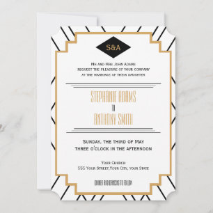 Invitación Monograma negro, oro y Boda Art Deco blanco