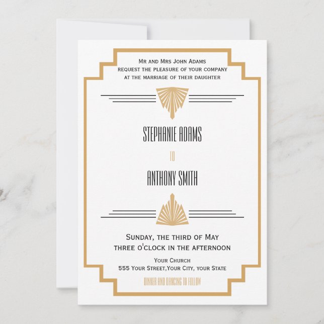Invitación Monograma negro, oro y Boda Art Deco blanco (Anverso)