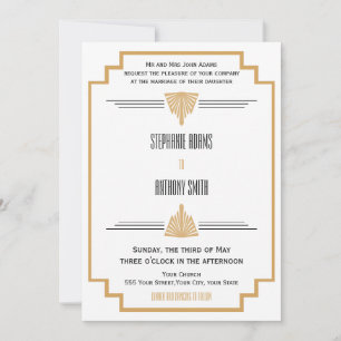 Invitación Monograma negro, oro y Boda Art Deco blanco