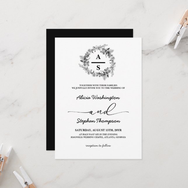 Invitación Monograma negro y blanco: Boda moderno (Anverso/Reverso In Situ)