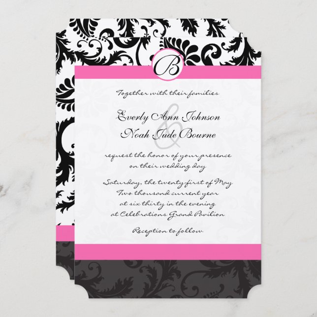 Invitación Monograma Negro y Blanco Damask con Borde Rosa (Anverso / Reverso)