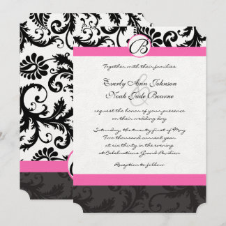 Invitación Monograma Negro y Blanco Damask con Borde Rosa