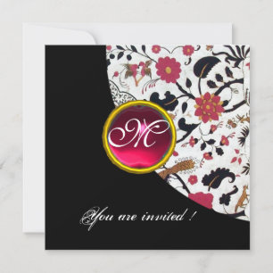 Invitación MONOGRAMA NEGRO Y BLANCO DAMASK, rubí rojo,