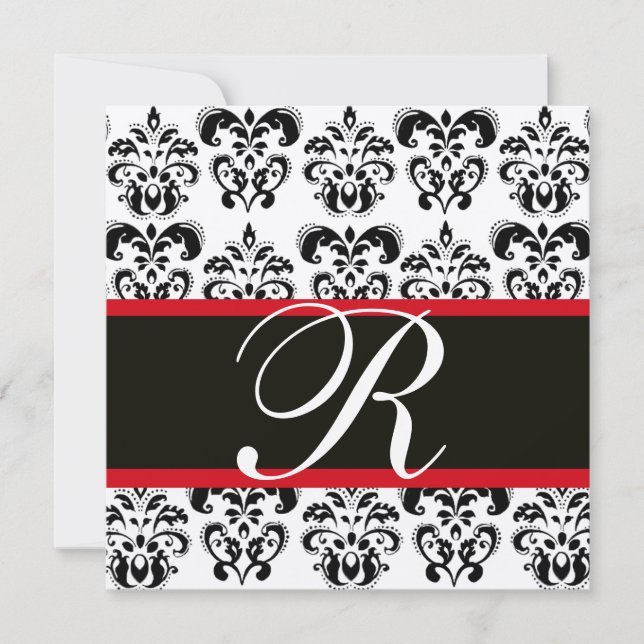 INVITACIÓN MONOGRAMA NEGRO Y BLANCO DE DAMASCO ROJO (Anverso)