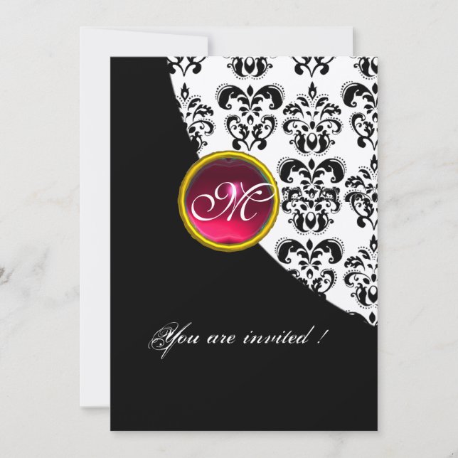 Invitación MONOGRAMA NEGRO Y BLANCO DE DAMASK, rubí rojo, fuc (Anverso)