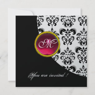 Invitación MONOGRAMA NEGRO Y BLANCO DE DAMASK, rubí rojo, pla
