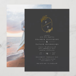 Invitación Monograma negro y oro | Foto de Boda minimalista