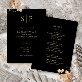 Invitación Monograma Negro Y Oro Todo En Un Boda