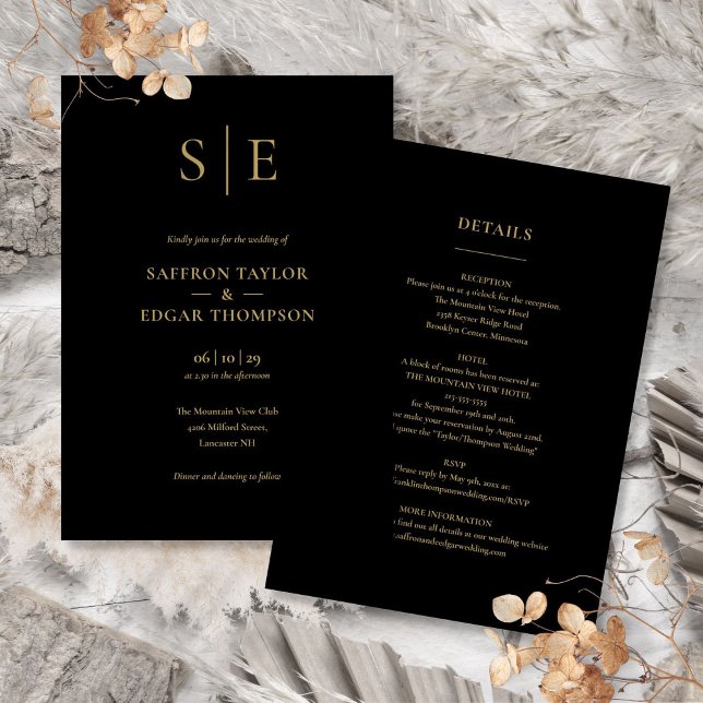 Invitación Monograma Negro Y Oro Todo En Un Boda (Black And Gold Monogram All In One Wedding Invitation)
