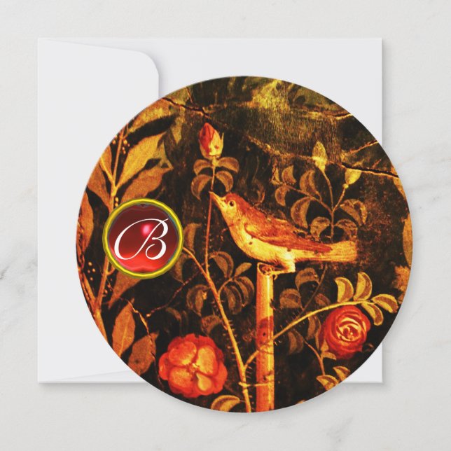 Invitación MONOGRAMA NOCTURNO Y ROSAS, amarillo negro rojo (Anverso)