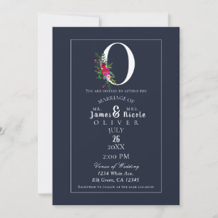 Invitación Monograma O Inicial Moderna Floral Azul Boda
