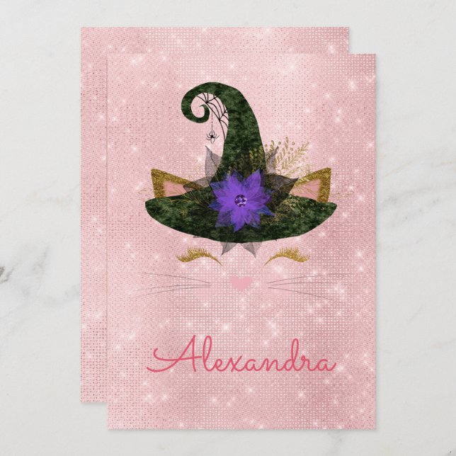 Invitación Monograma Octubre Sparkle Kitty Cumpleaños (Anverso / Reverso)