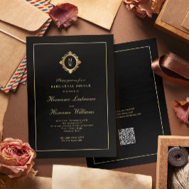 Invitación Monograma Oro Negro RSVP Código QR Ensayo Cena