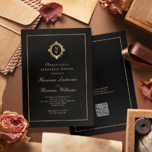 Invitación Monograma Oro Negro RSVP Código QR Ensayo Cena