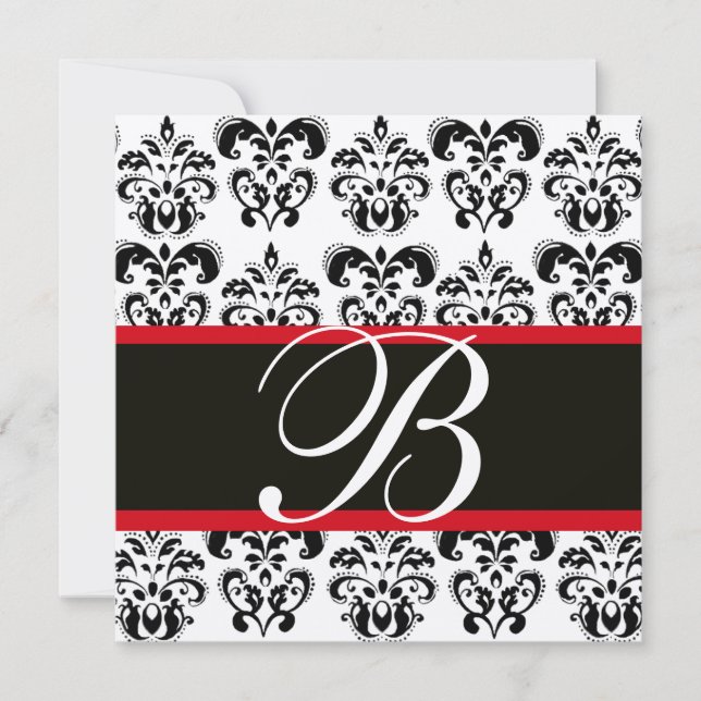 Invitación MONOGRAMA ORO Y NEGRO ROJO DAMASCO , blanco (Anverso)